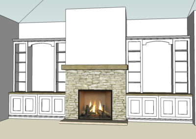 fireplace design sketch with stone surround and wood mantel