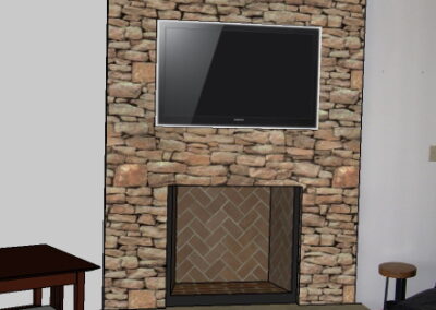 new fireplace in living room digital sketch with stone surround and tv mounted