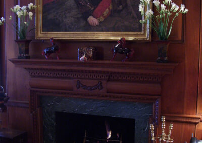 gas fireplace with dark wood surround